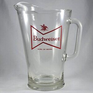 Budweiser Beer Pitcher Vintage Red Logo King of Beers Large Glass Jug Breweriana